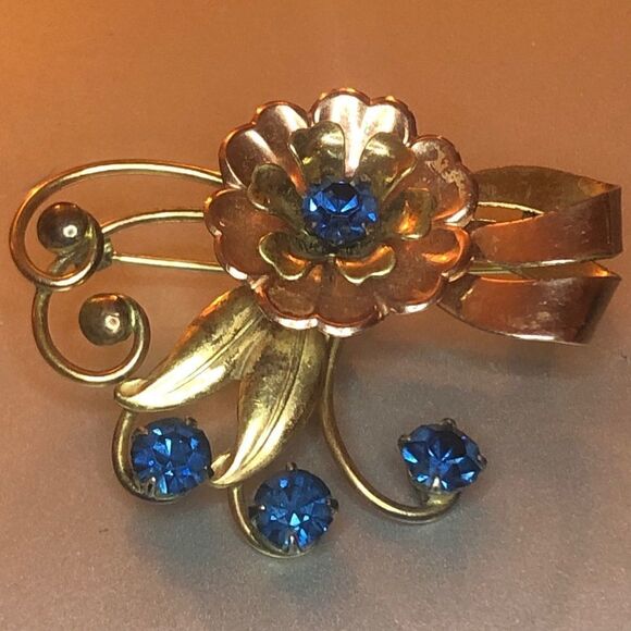 Vintage IH Gold‎ Tone Floral Flower Brooch /pin 1/20 10K gold filled Blue Gems - Picture 1 of 4